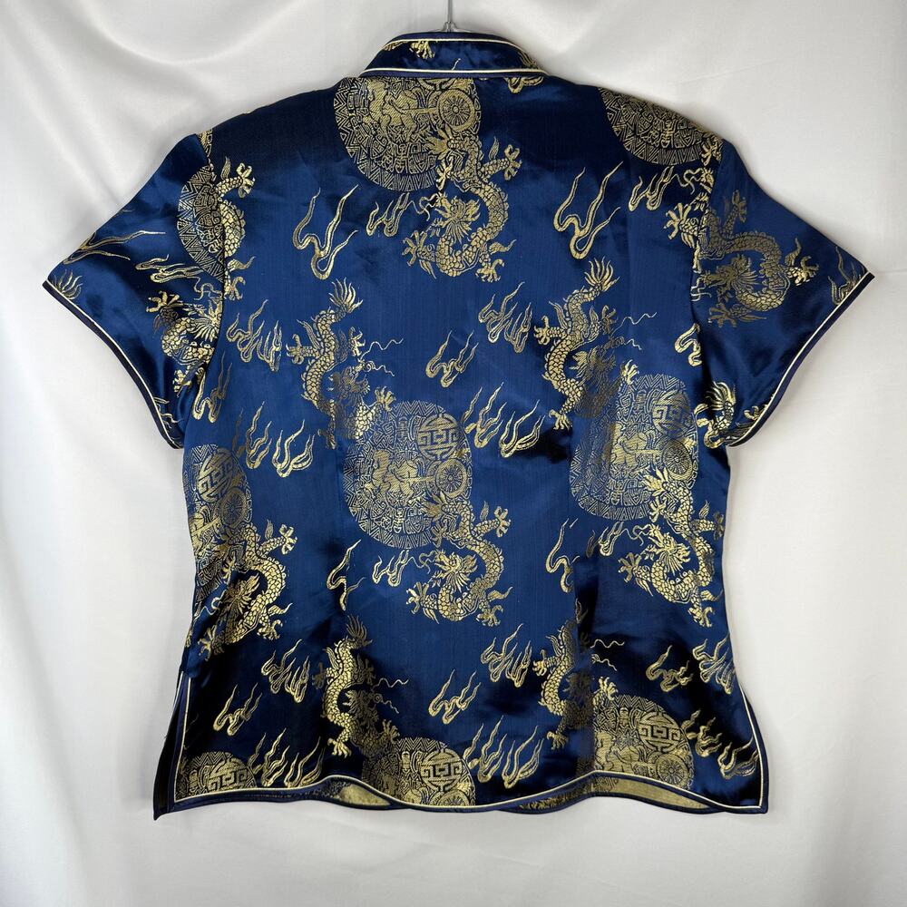 MATSUZAKI Vintage Oriental Unisex Top XXL Blue & Gold Dragon Embroidered Detail - Picture 2 of 9